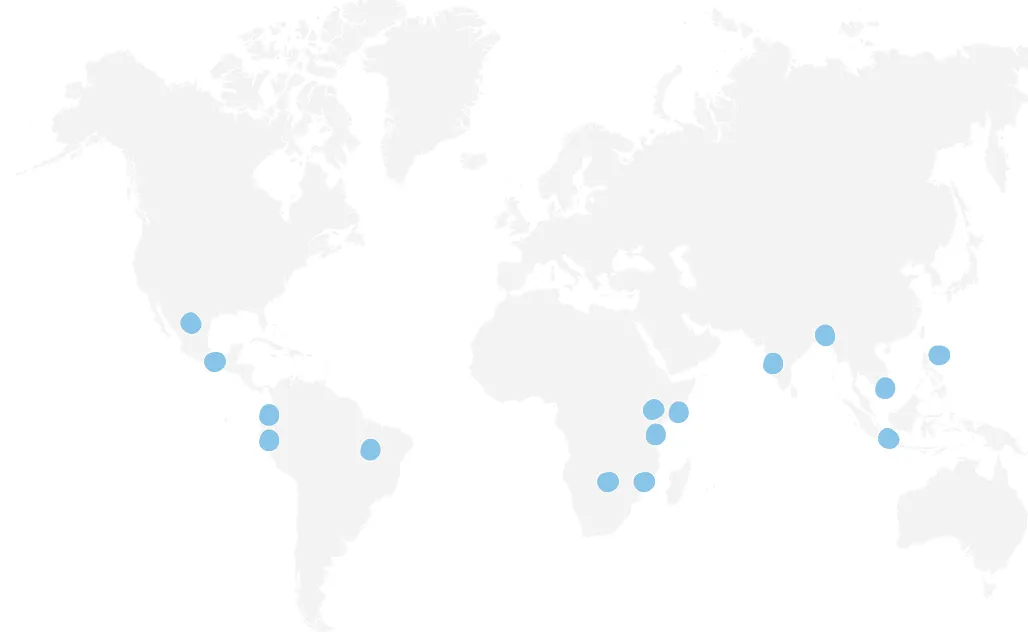 Map of 15 countries where Water.org works.